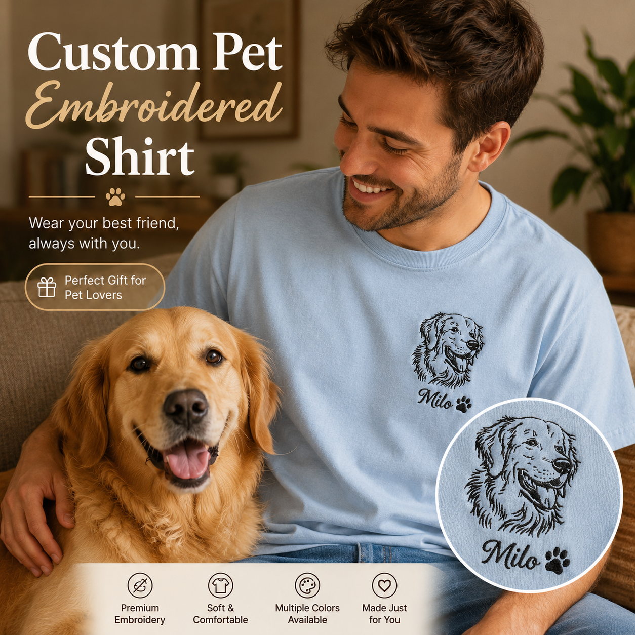 Custom Dog Portrait Embroidered T-Shirt, Personalized Pet Photo Shirt, Gift For Dog Lover THUC99