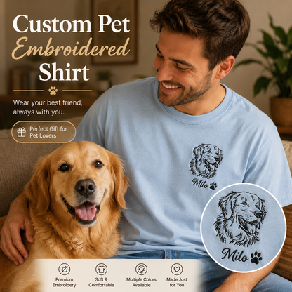 Custom Dog Portrait Embroidered T-Shirt, Personalized Pet Photo Shirt, Gift For Dog Lover THUC99