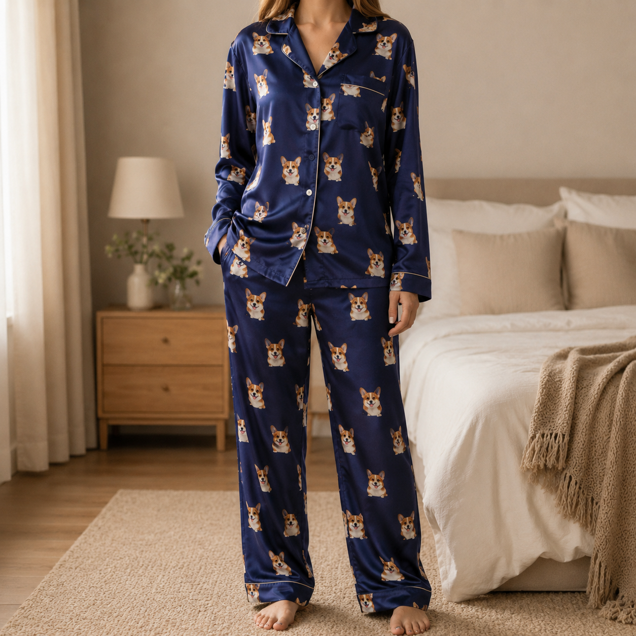 Custom Pet Portrait Satin Pajamas Set Personalized Dog Face Sleepwear Gift THUC99