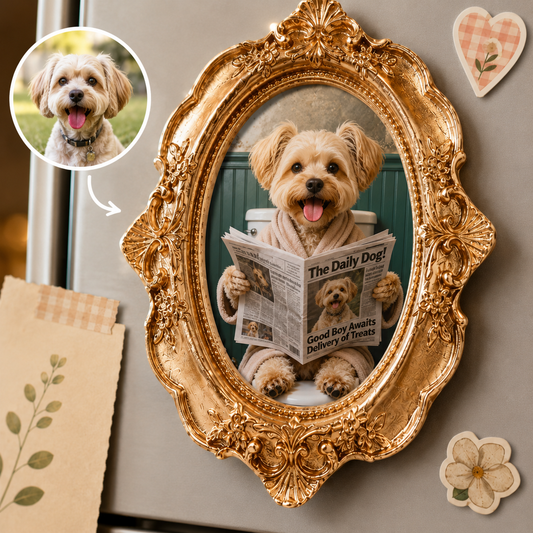 Personalized Dog Reading On Toilet Keepsake Magnet, Custom Pet Photo Vintage Frame Magnet, Dog Memorial Gift THUC99
