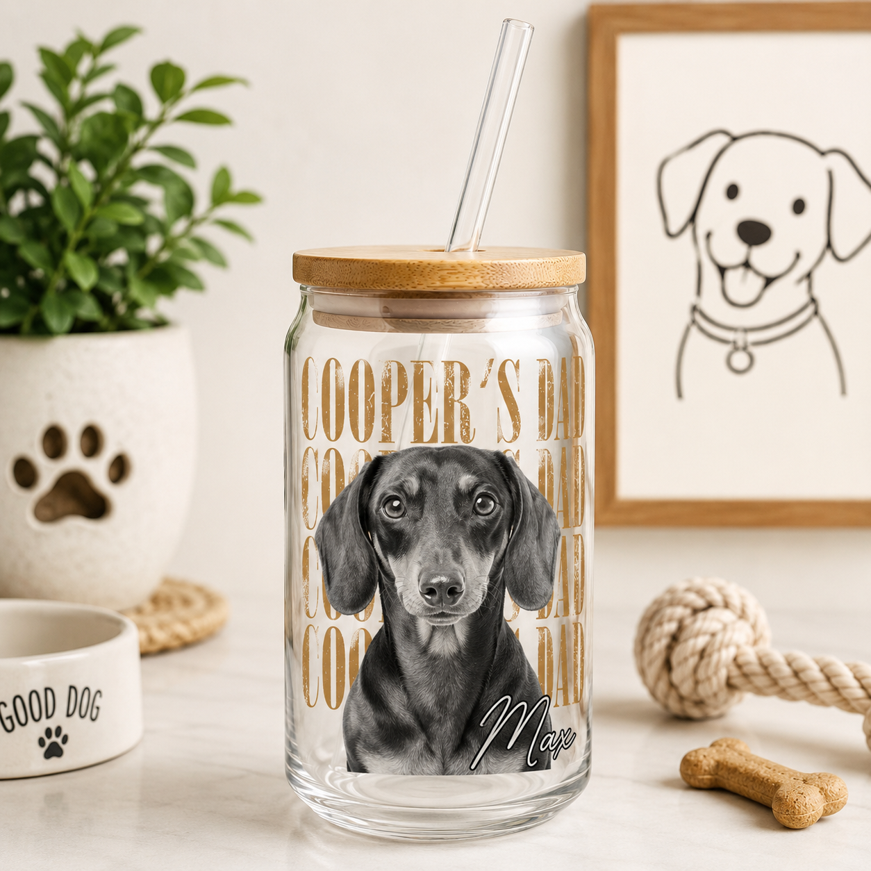 Custom Dog Picture Glass Cup – 16oz Sipper Tumbler with Bamboo Lid and Straw THUC99