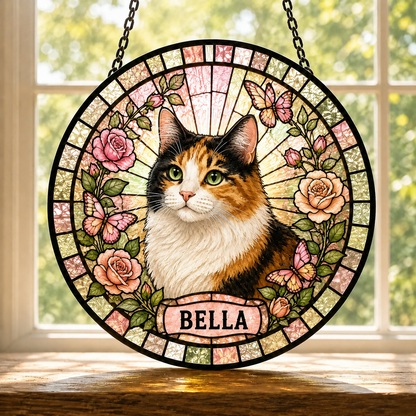Custom Photo Pet Cat Glass Suncatcher – Personalized Cat Lover Gift | Memorial Window Hanging THUC99