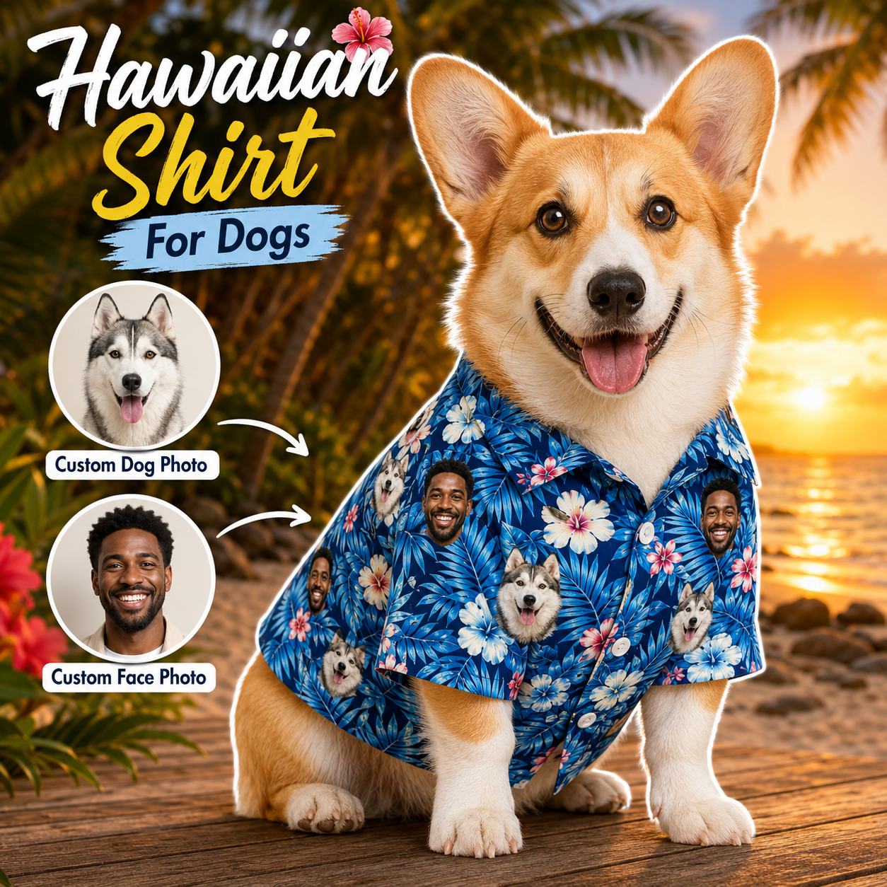 Custom Dog Face Hawaiian Shirt, Personalized Aloha Vacation Shirt, Gift For Dog Lovers THUC99