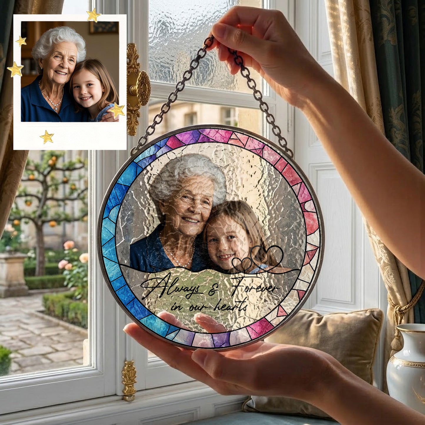 Custom Memorial Photo Stained Glass Suncatcher – Personalized Portrait Window Hanging (THUC99)