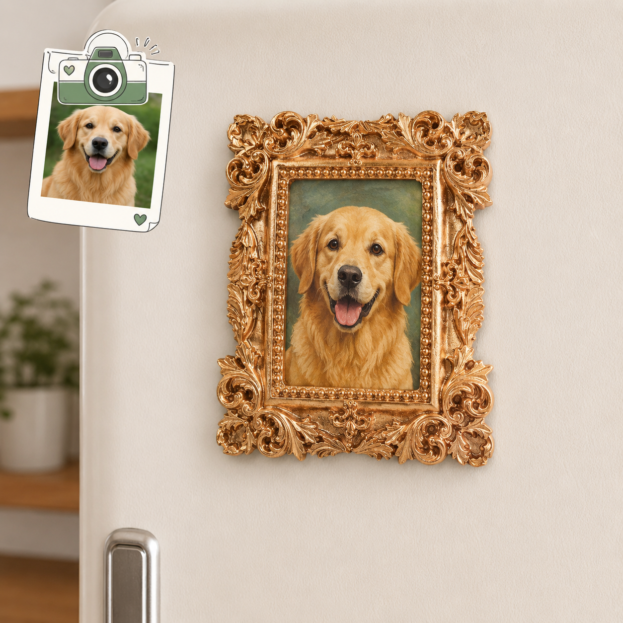 Personalized Dog Photo Magnet, Custom Pet Portrait Vintage Gold Frame Fridge Magnet THUC99