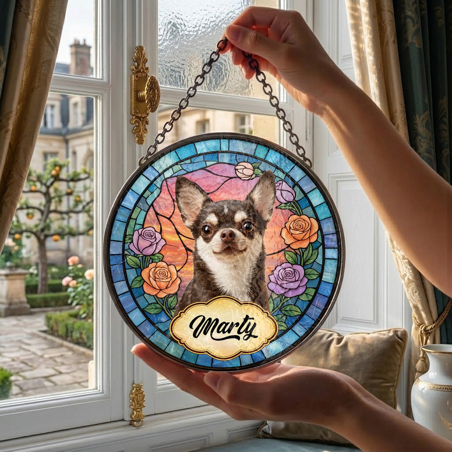 Personalized Dog Name Stained Glass Suncatcher – Custom Pet Window Hanging Gift (THUC99)