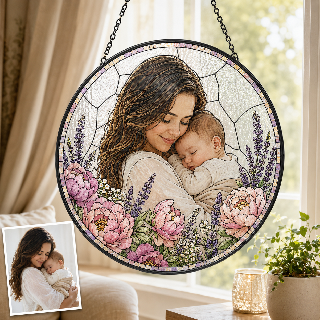 Custom Grandma Photo Stained Glass Suncatcher, Personalized Nana Portrait Window Decor Gift THUC99