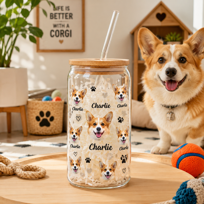 Custom Dog Photo Iced Coffee Glass – 16oz Personalized Cup with Bamboo Lid THUC99 (Copy)
