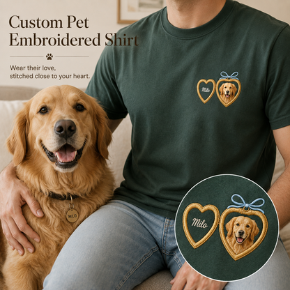 Personalized Pet Portrait Embroidered Tee, Custom Dog Photo Shirt, Gift For Dog Mom Dad THUC99