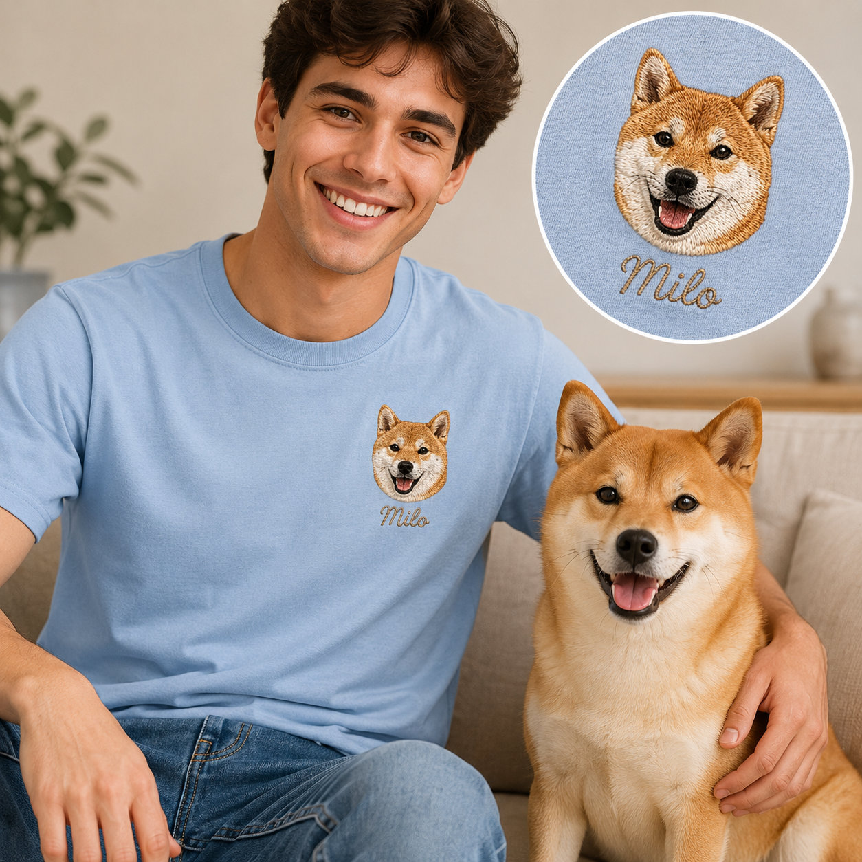 Custom Photo Dog Embroidered Unisex T-Shirt, Personalized Pet Portrait Shirt, Custom Dog Mom Dad Gift THUC99