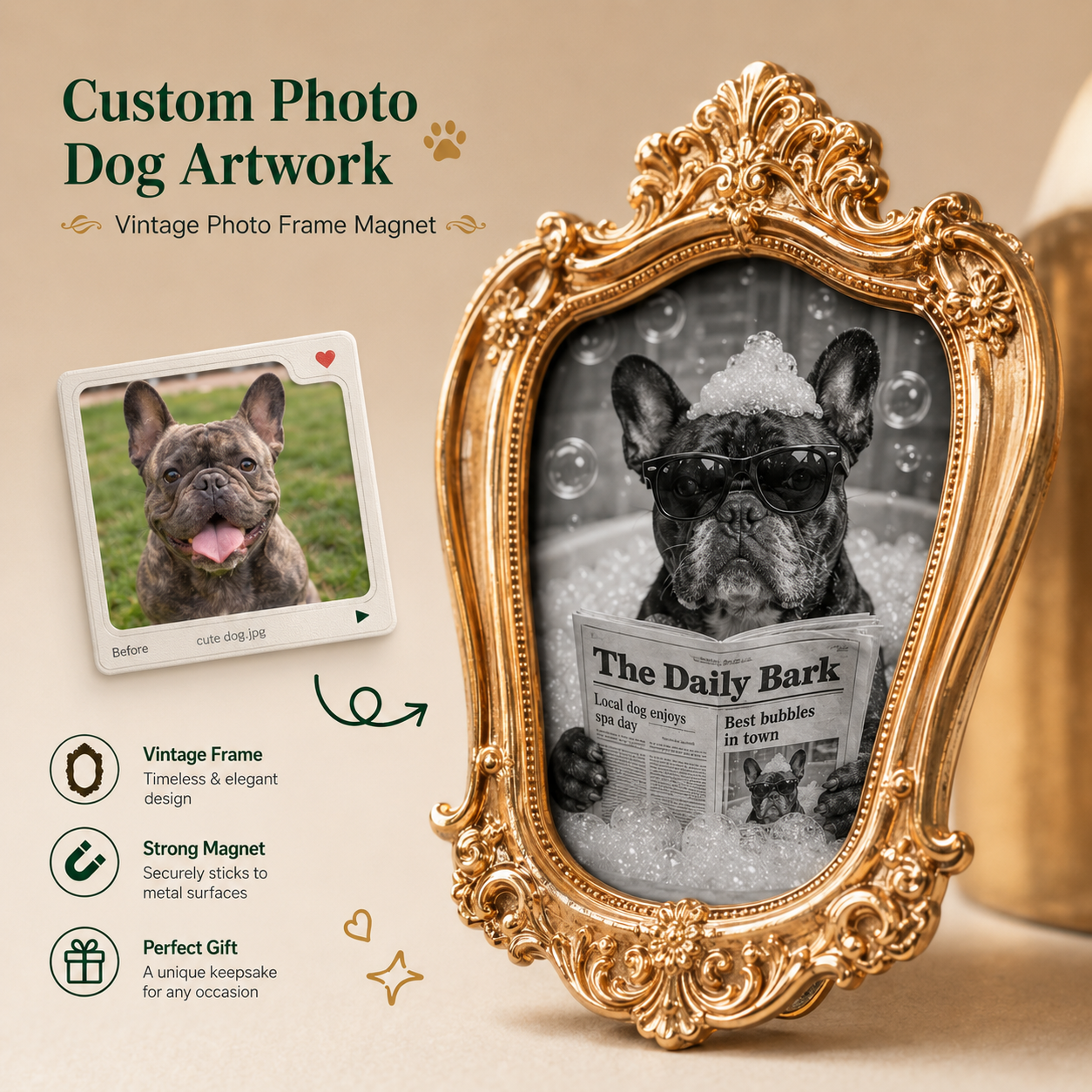 Custom Dog Artwork Magnet, Vintage Gold Photo Frame Magnet, Personalized Pet Keepsake THUC99