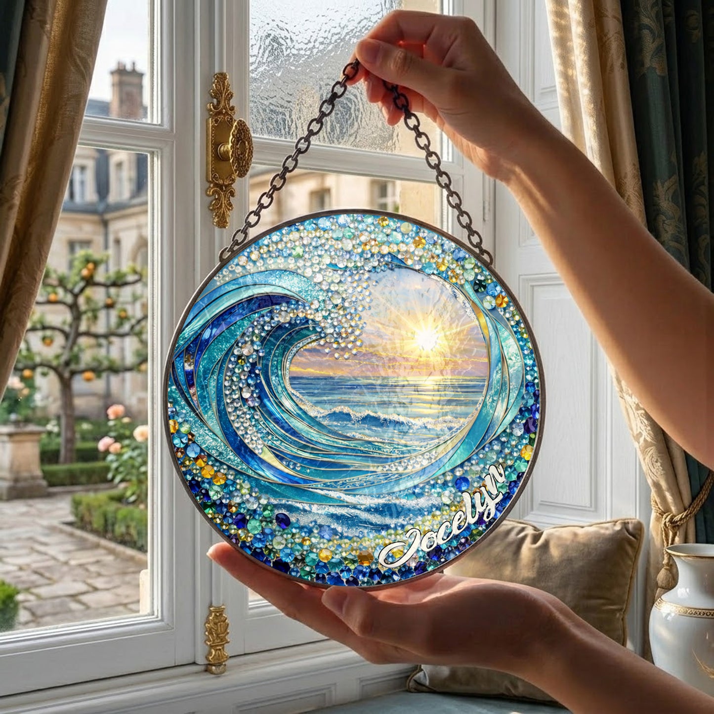 Personalized Ocean Wave Stained Glass Suncatcher – Custom Name Beach Sunset Window Hanging THUC99
