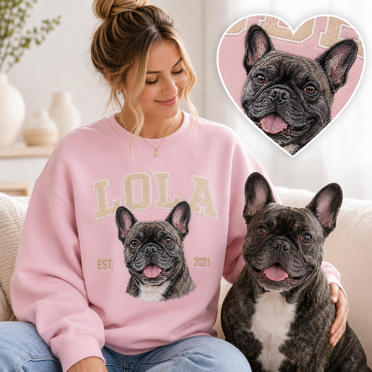 Custom Dog Photo Embroidered Sweatshirt – Personalized Pet Portrait Sweatshirt THUC99
