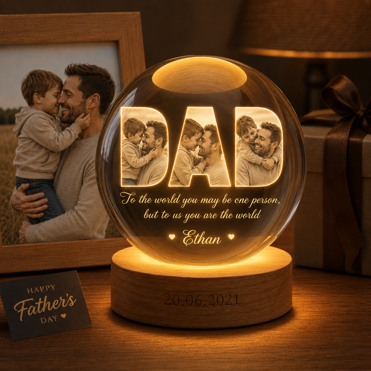 Custom Dad Crystal Ball Night Light, Personalized Photo Lamp, Father’s Day Gift For Dad THUC99