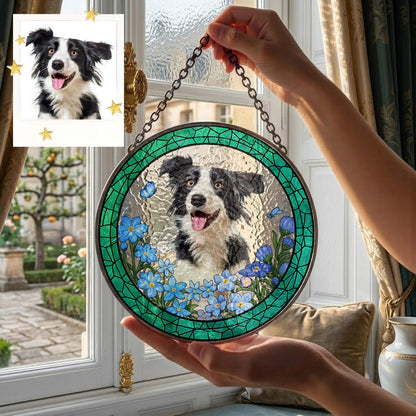 Custom Pet Photo Stained Glass Suncatcher – Personalized Dog Portrait Window Hanging (THUC99)