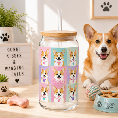 Custom Dog Photo Sipper Glass 16oz – Personalized Glass Tumbler with Bamboo Lid & Straw THUC99