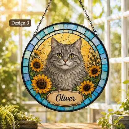 Custom Photo Cat Stained Glass Suncatcher – Personalized Cat Portrait Window Hanging Gift THUC99