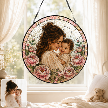 Custom Photo Mom Stained Glass Window Hanging, Personalized Mother’s Day Suncatcher Keepsake THUC99