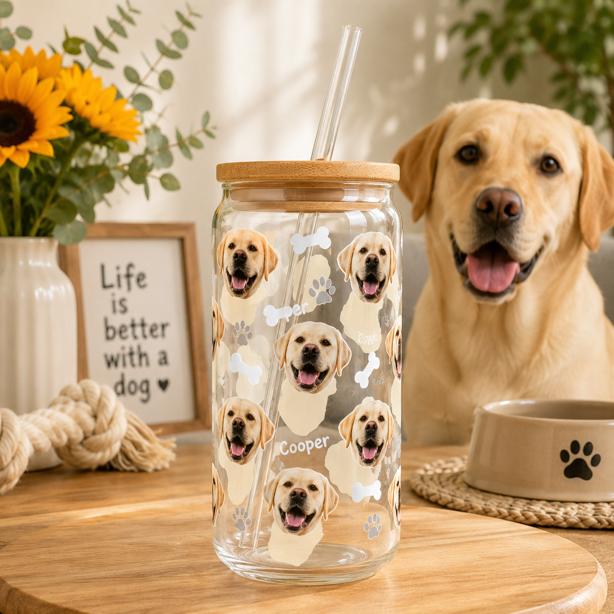 Custom Dog Mom Glass Tumbler – Personalized 16oz Cup with Lid & Straw THUC99