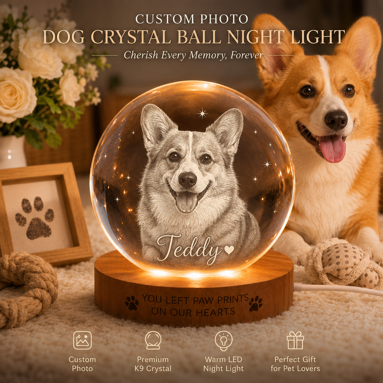Personalized Dog Crystal Ball Lamp, Custom Pet Photo Night Light, Memorial Dog Keepsake THUC99