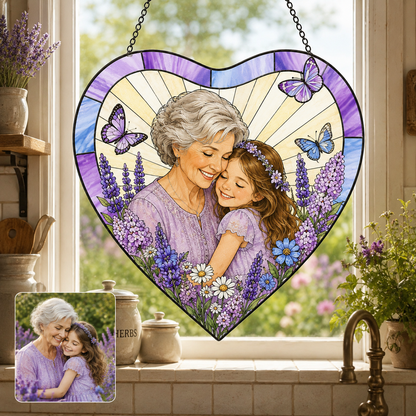 Personalized Grandma Photo Window Hanging Suncatcher, Custom Family Portrait Stained Glass Gift THUC99