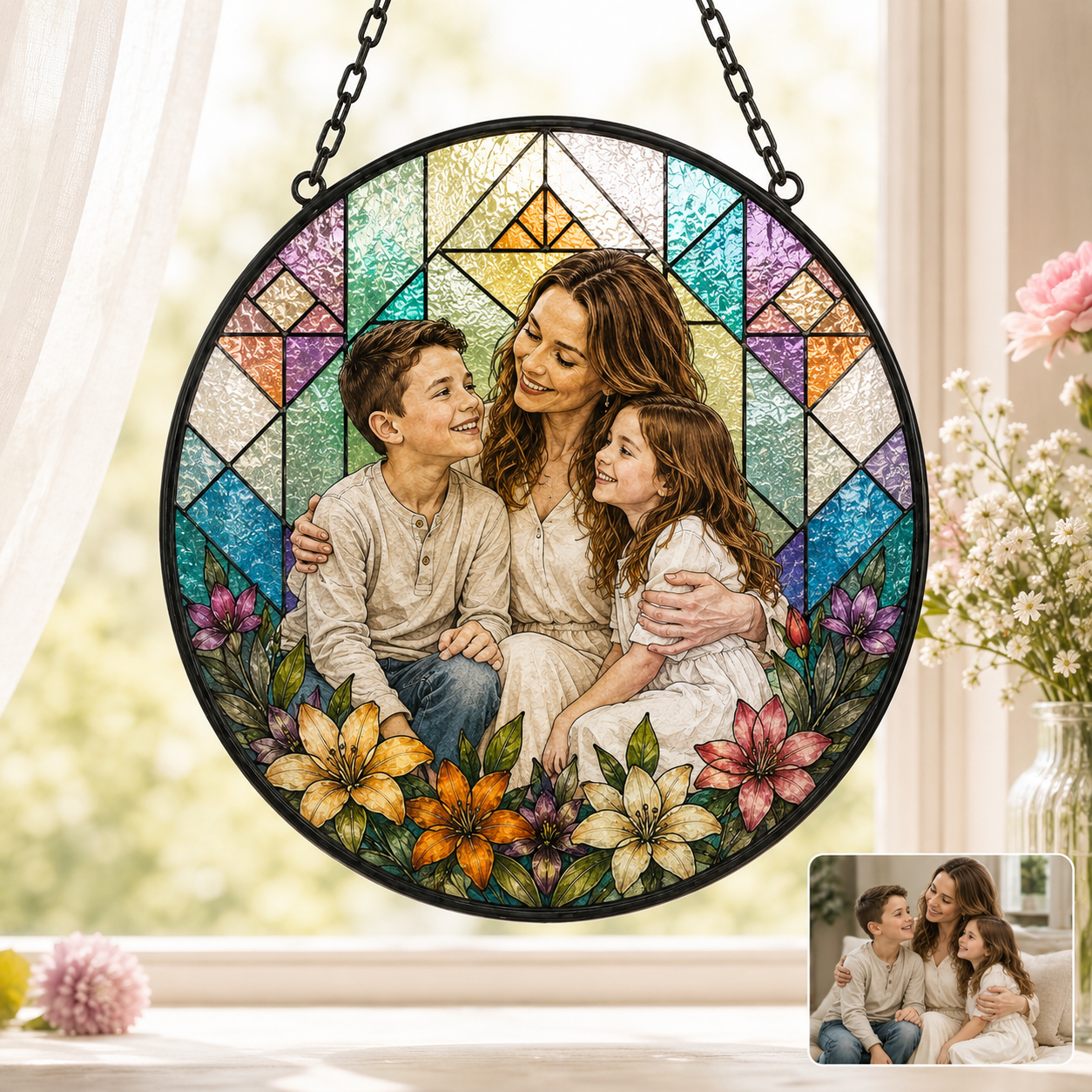 Custom Photo Mom & Grandma Stained Glass Suncatcher, Personalized Family Portrait Window Hanging Gift THUC99