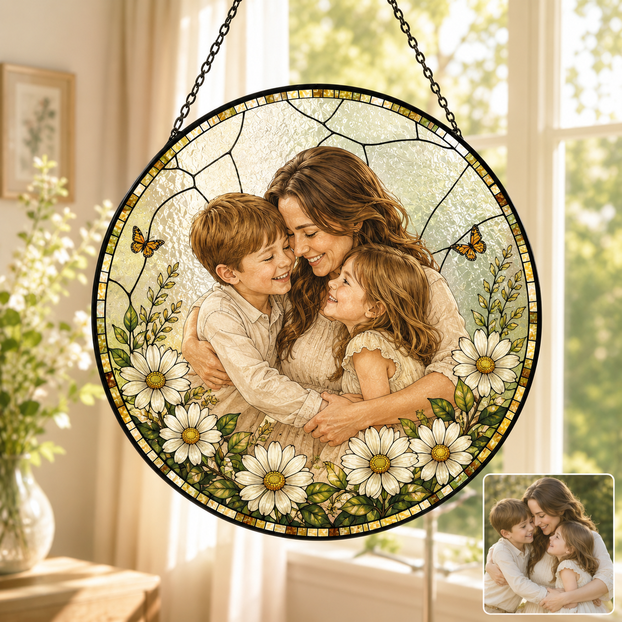 Custom Mom and Grandma Photo Glass Suncatcher, Personalized Family Portrait Window Hanging Gift THUC99
