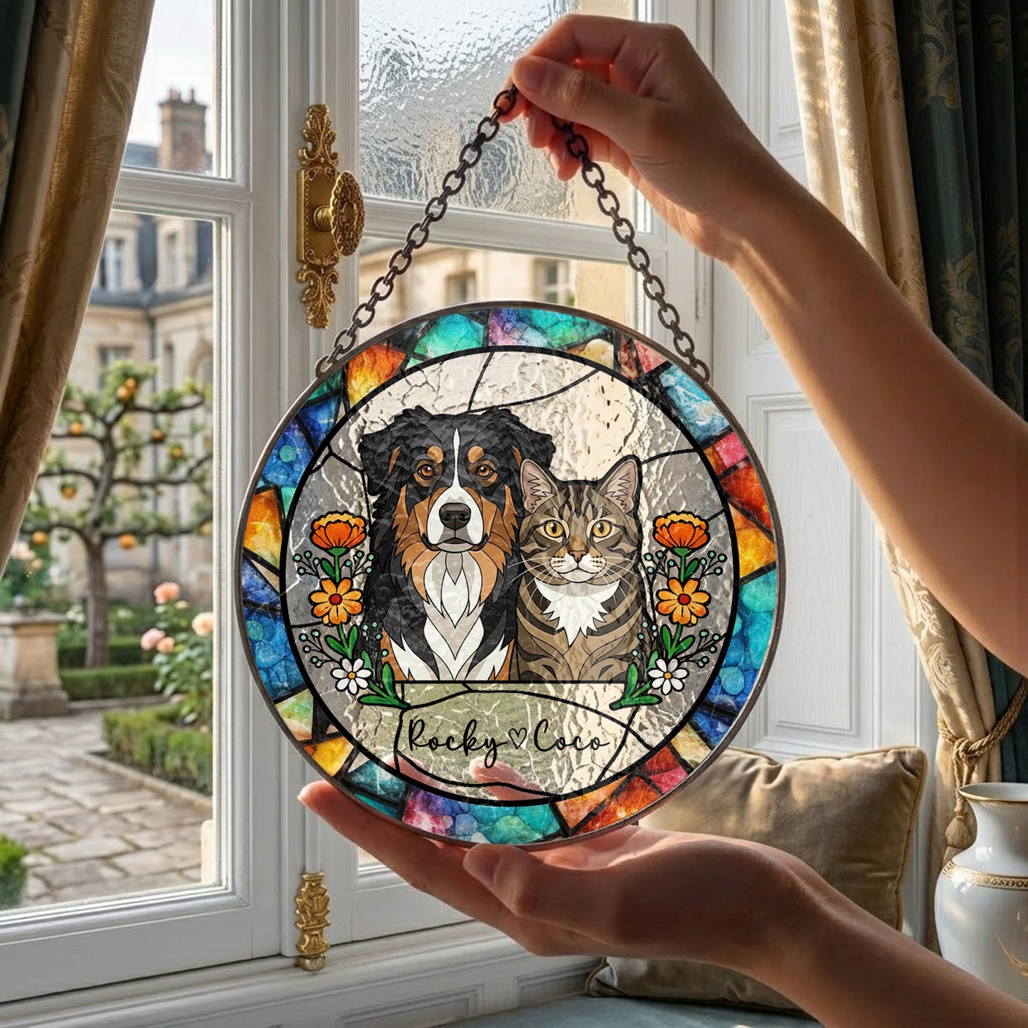 Personalized Dog Suncatcher – Custom Pet Portrait Stained Glass Window Hanging Gift (THUC99)