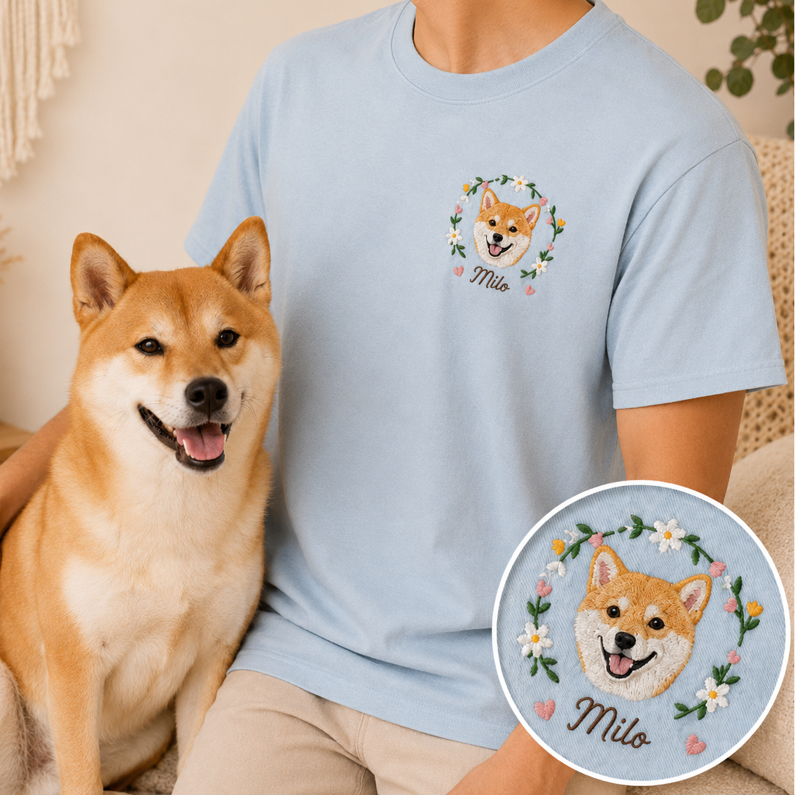 Custom Photo Dog Embroidered Unisex T-Shirt, Personalized Pet Portrait Shirt, Dog Mom Dad Gift THUC99