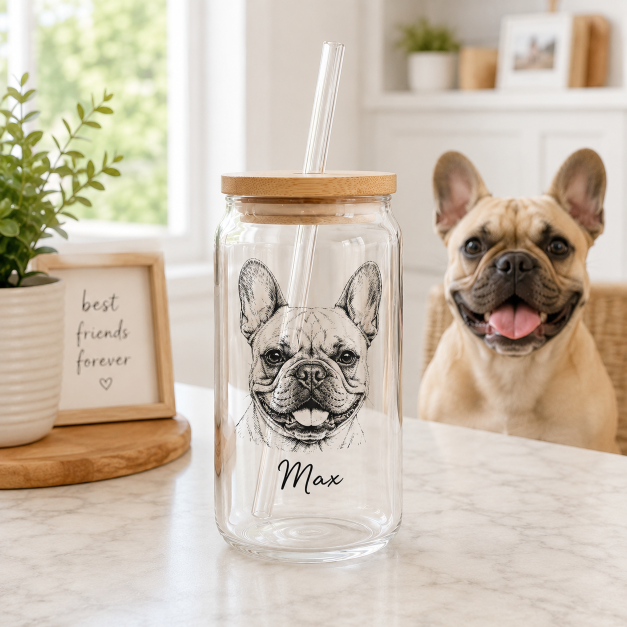 Custom Dog Photo Sipper Glass 16oz – Personalized Glass Tumbler with Bamboo Lid & Straw THUC99
