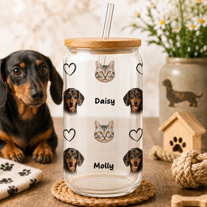Custom Photo Dog Sipper Glass 16oz – Personalized Glass Cup with Bamboo Lid & Straw Gift For Dog Lover THUC99
