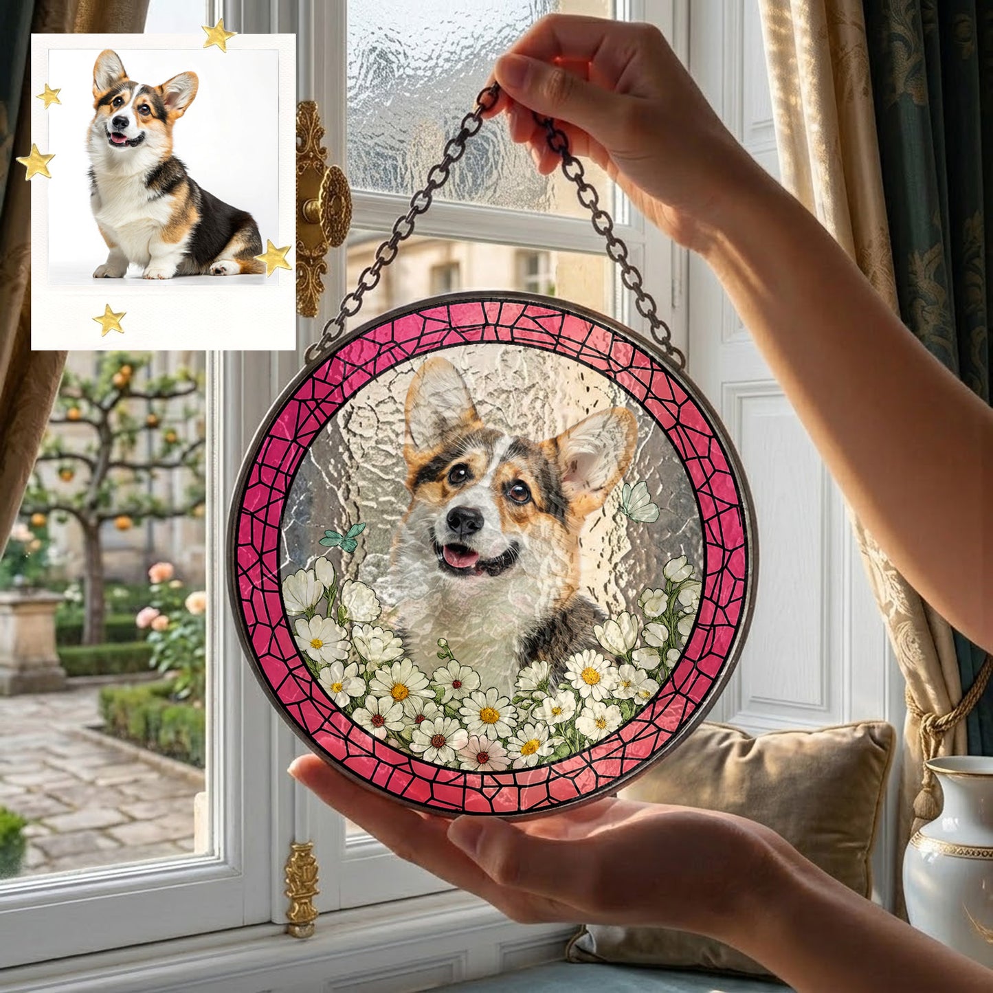 Custom Pet Photo Stained Glass Suncatcher – Personalized Dog Portrait Window Hanging (THUC99)