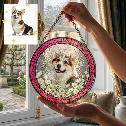 Custom Pet Photo Stained Glass Suncatcher – Personalized Dog Portrait Window Hanging (THUC99)