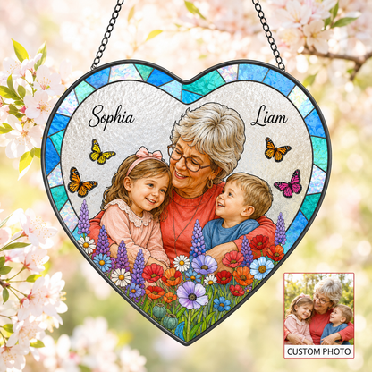 Custom Photo Grandpa & Kids Stained Glass Suncatcher, Personalized Mom Portrait Window Decor THUC99