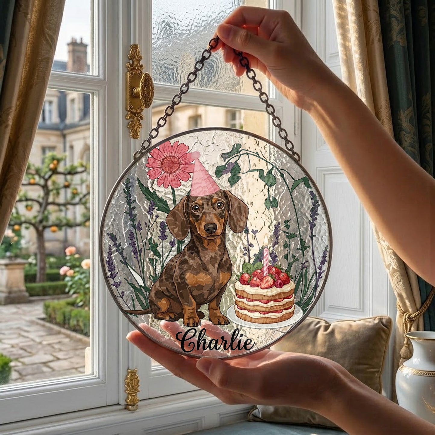 Custom Pet Birthday Suncatcher – Custom Photo Dog Portrait Window Hanging Decor (THUC99)