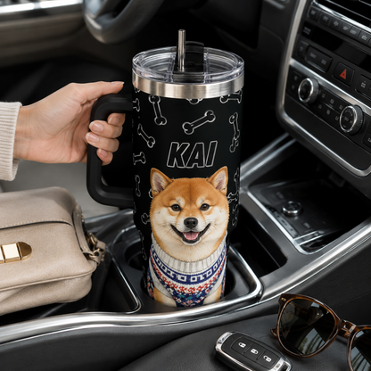 Custom Photo Dog 40oz Tumbler with Handle – Personalized Pet Portrait Travel Cup for Dog Lovers THUC99