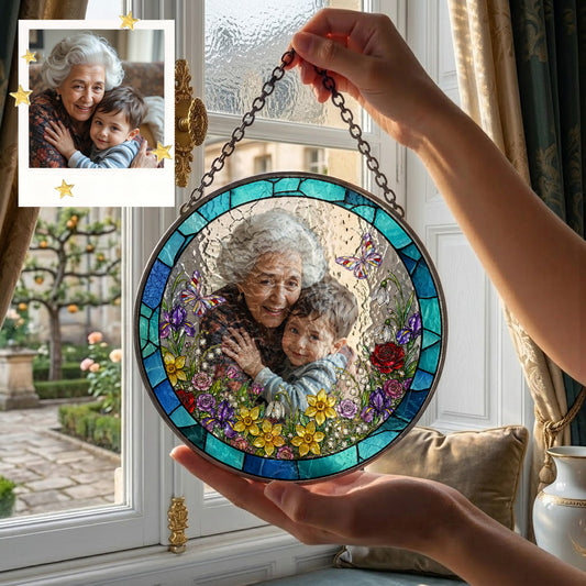 Custom Grandma Photo Stained Glass Suncatcher – Personalized Portrait Window Hanging (THUC99)