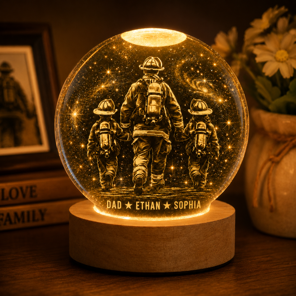 Custom Dad Firefighter Crystal Ball Light, Personalized Name Kid Night Light Gift For Dad THUC99