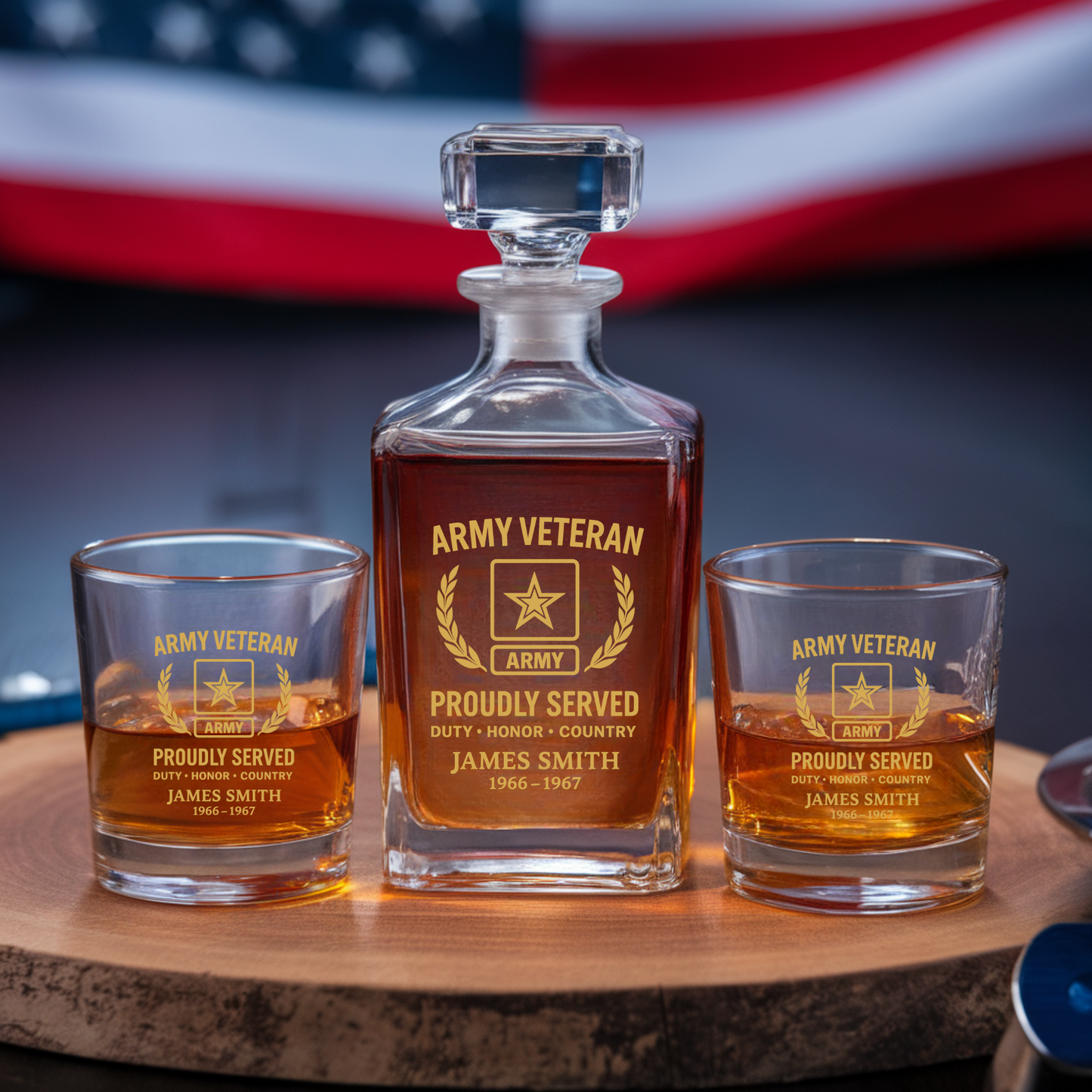 Custom US Veteran Decanter and Glasses Set, Patriotic Gift for Veterans, Gift For Independence Day TND096