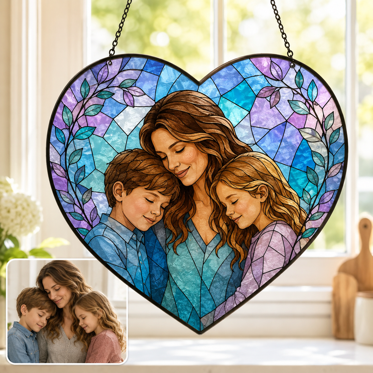 Personalized Mom Photo Glass Suncatcher, Custom Mother Child Window Hanging Gift THUC99