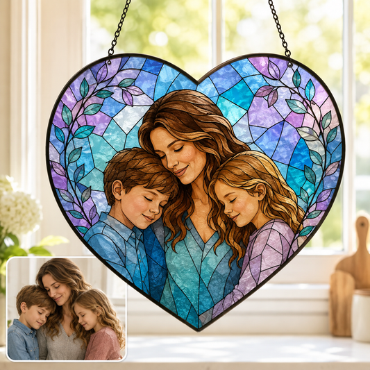 Personalized Mom Photo Glass Suncatcher, Custom Mother Child Window Hanging Gift THUC99