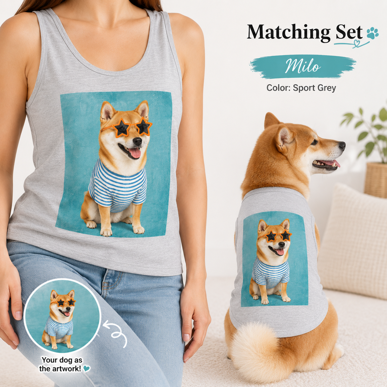 Custom Photo Dog Women’s Tank Top Set, Matching Dog Mom and Pet Shirt Gift THUC99
