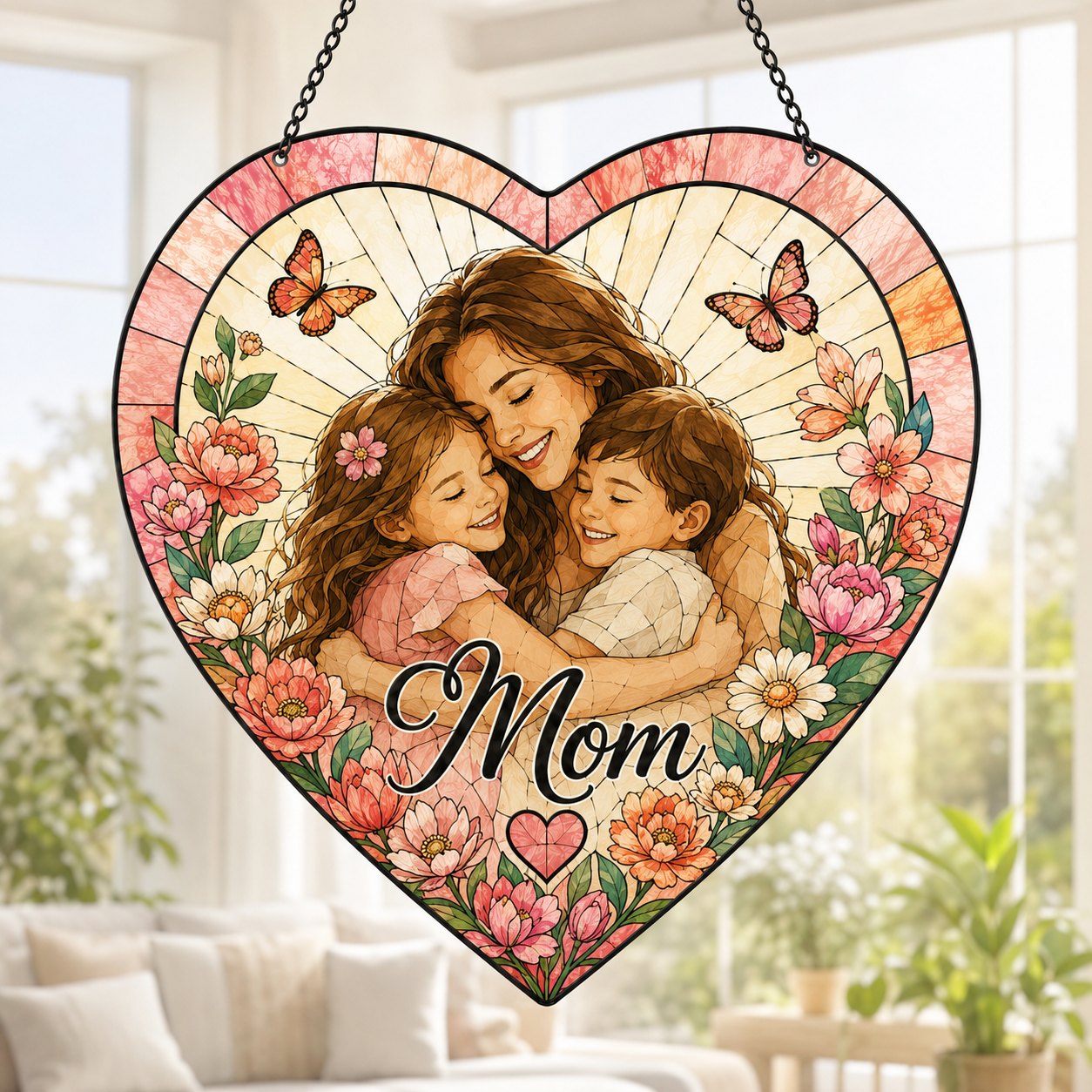 Custom Photo Mom Stained Glass Suncatcher, Personalized Mother’s Day Family Portrait Window Hanging Gift THUC99