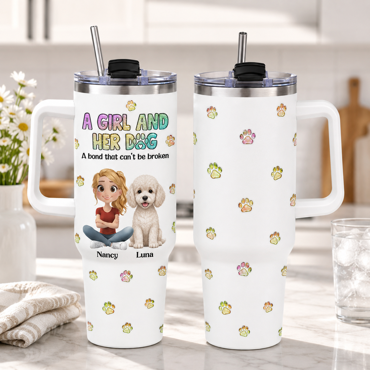 Custom Dog Face 40oz Tumbler – Personalized Stainless Steel Cup for Dog Mom and Dog Dad THUC99