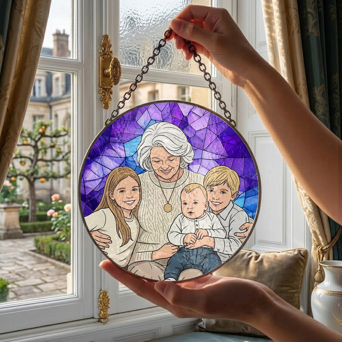 Custom Family Photo Glass Suncatcher – Grandma Gift, Mother's Day Decor THUC99