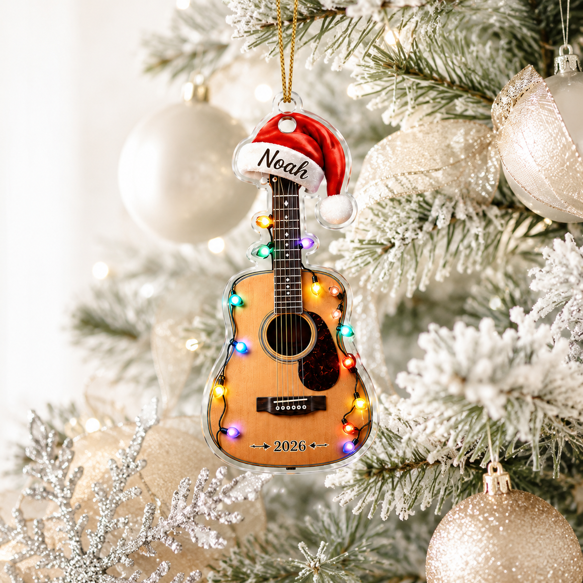 Guitar Custom Name Acrylic - Acoustic Guitar Santa Hat and Lights