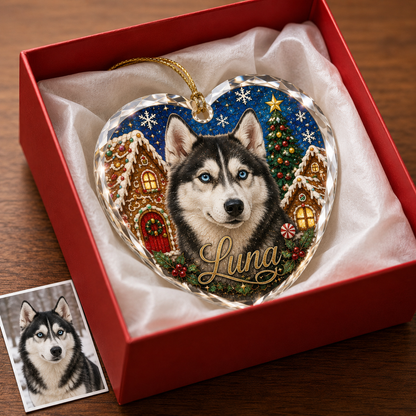 Custom Photo Dog Glass Dog With Gingerbread Village