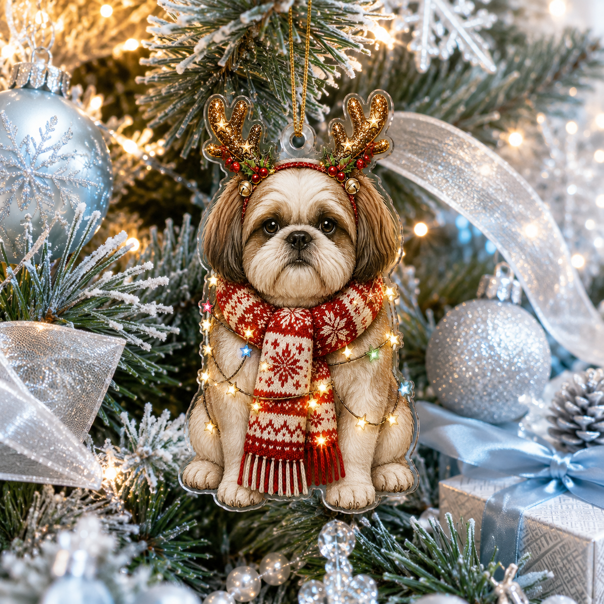 Dog Decor with Antlers & Scarf Shih Tzu