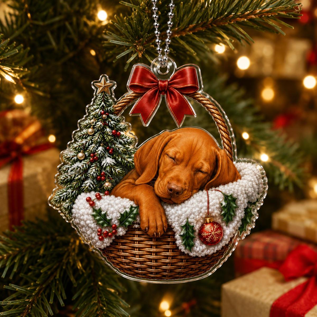 Dog Chrismast With Wicker Basket Vizsla
