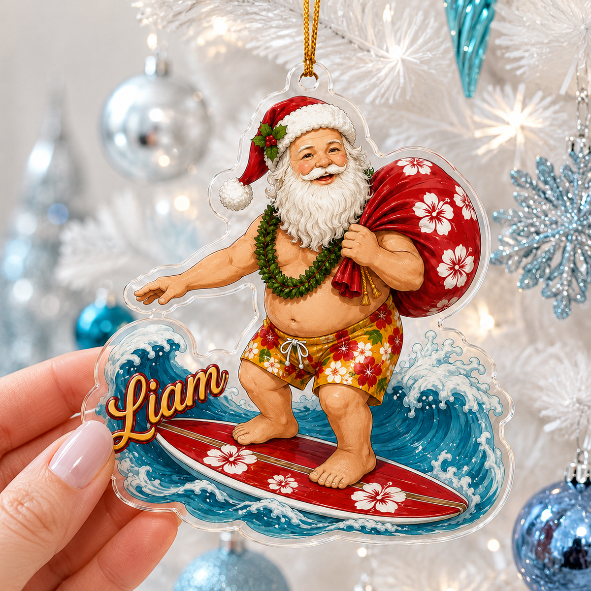 Surfing Personalize Acrylic Santa Present Surfing